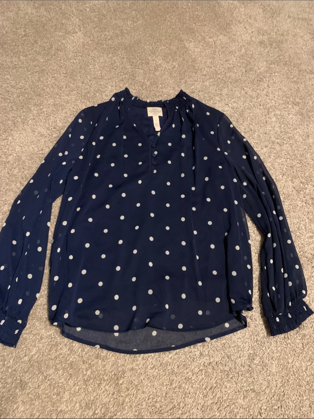 Navy and White Polka Dot Blouse . St. John’s Bay Brand.  size L (NWT)